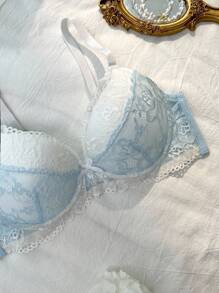 DelicateAllure Contrast Color Lace Patchwork Underwire Padded Butterfly Decor Women's Bra Lace Bra Light Blue Bra Lace Push Up Bra Bras For Women Light Blue Lace Bra  Cozy And Elegant Details - Baby Blue - View 6