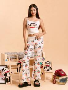 Paul Frank X SHEIN Bộ đồ ngủ gồm áo hai dây họa tiết hoạt hình và quần dài cho nữ - Màu be - Xem 5