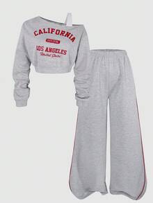 SHEIN Explorewe Conjunto de 2 piezas de sudadera con estampado de letras y correa para el hombro + pantalones deportivos casuales cómodos de contraste a rayas para adolescentes y niñas, versátil para uso diario en las 4 estaciones