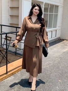Dazy Plus 2pcs/Set Solid Color Tie-Waist Loose Long Sleeve Shirt & Skirt, Business Casual Commuter Outfit For Plus Size Women - Brown - View 6