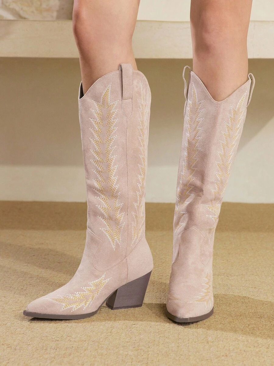 Styleloop 1 Pair Retro Chunky High Heel Over-The-Knee Western Boots - Khaki - View 1