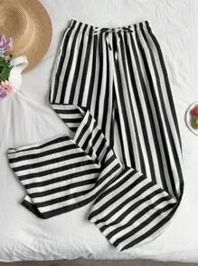 SHEIN EZwear Quần ống đứng kẻ sọc đi làm thường ngày cho nữ - Đen và trắng - Xem 5