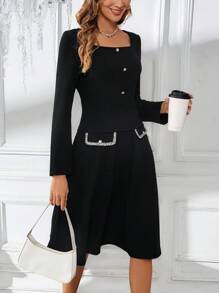 EMERY ROSE Christmas Women 2pcs Women Casual Front Button Blouse With Skirt Set - Black - View 5