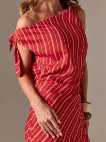 AiiRZ 斜条纹中长连衣裙露肩系带袖褶饰夏季假日海滩度假日聚会紧身连衣裙惊艳腰部细节 - 彩色 - 查看 5