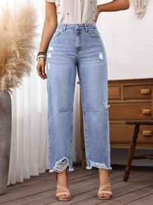 Plus Size Women Cowgirl Blue Inelastic Distressed Frayed Hem Loose Fit Cropped Jeans, Rodeo Outfits - Blue - View 4