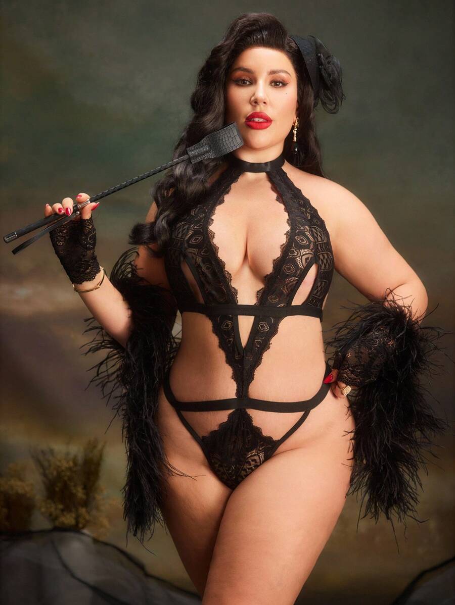 Plus Size Sexy Lingerie With Hollow Out, See-Through, Lace Design - Black - View 1