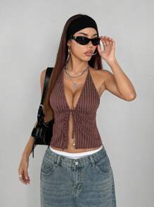 StreetHx 女士性感条纹露背露脐上衣，夏季 - 棕色 - 查看 4