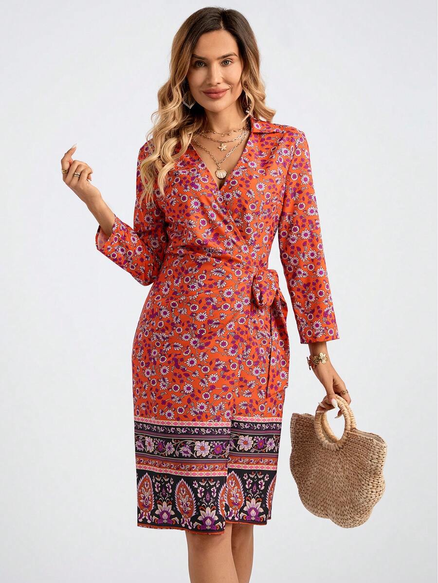 SHEIN LUNE Women's Lace-Up Long Sleeve Floral Patchwork Casual Midi Dress Summer Outfits For Women - Multicolor - View 1