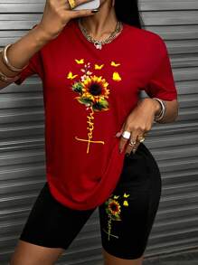 INAWLY Women's Sunflower Printed Short Sleeve T-Shirt And Cycling Shorts Set - Burgundy - View 4