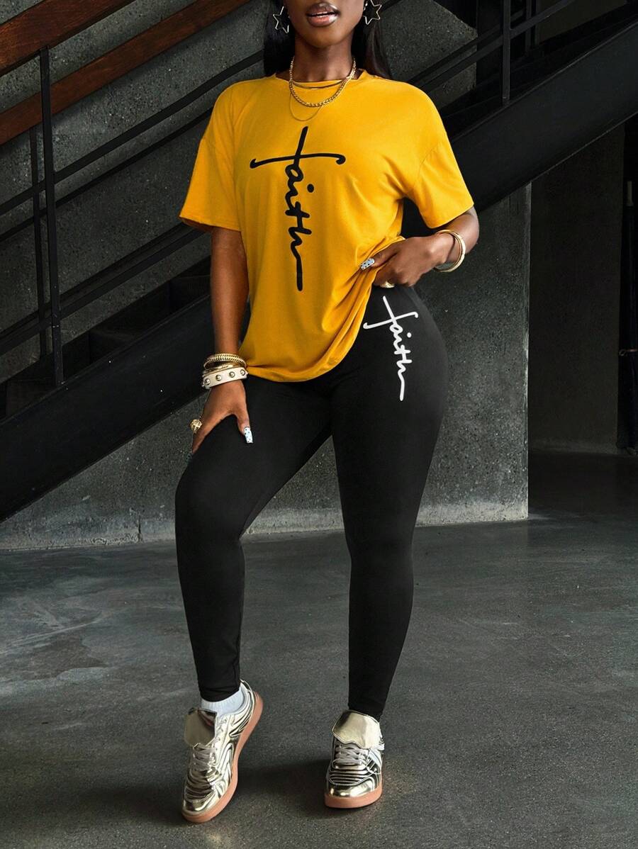 SHEIN Women's Letter Printed Round Neck T-Shirt And Leggings Set - Yellow - View 1