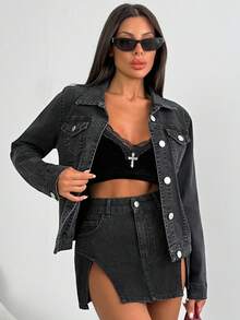 翻盖口袋纽扣前牛仔夹克 - 黑色 - 查看 1