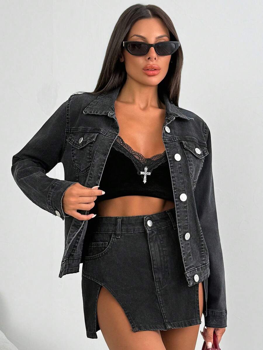 翻盖口袋纽扣前牛仔夹克 - 黑色 - 查看 1