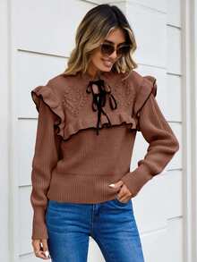 RueChic Farbblock Pullover Für Damen Mit Rüschenverzierung Und Schnürkragen