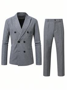 Manfinity Mode Men's Striped Shoulder Padded Long Sleeve Double-Breasted Business Formal Suit Set - Dark Grey - View 4
