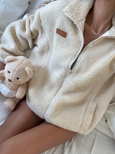 SHEIN Teen Girls Double Sided Fleece Stand Collar Zipper Winter Jacket With Pockets,Long Sleeves,Beige,Autumn,Oversized, Casual Sports College Fall Jacket