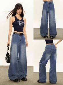 Rina Fox 女式宽松口袋阔腿休闲牛仔裤 - 深色水洗藍 - 查看 1