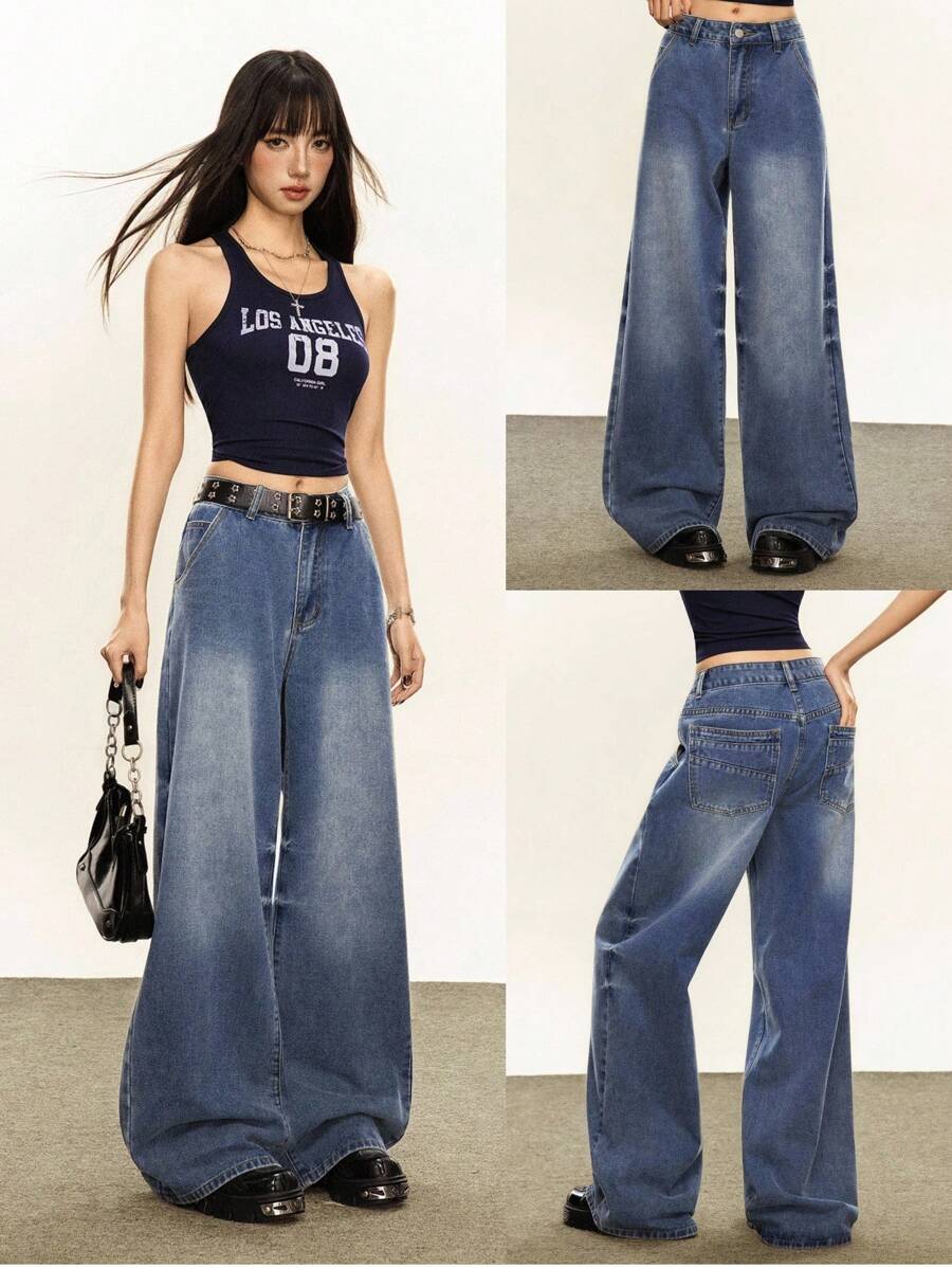 Rina Fox 女式宽松口袋阔腿休闲牛仔裤 - 深色水洗藍 - 查看 1