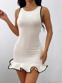 SHEIN PETITE Women's Ruffle Hem Sleeveless Mini Dress - Apricot - View 8