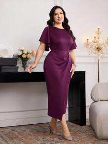 Modelyn Plus Size Women's Solid Color Round Neck Ruffle Short Sleeve Pleated Elegant Dress - Purple - View 4