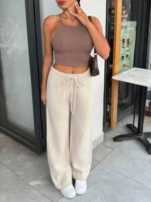 EURMUSE Casual High Waist Solid Color Plain Pattern Wide Leg DrawCord Detailed Belt Knitted Panrs - Apricot - View 1