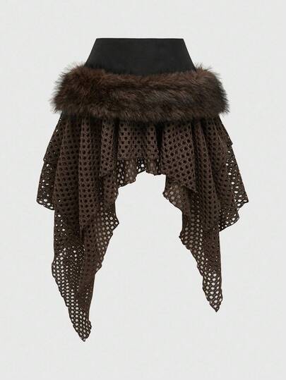 Grunge Punk Vintage Romantic Y2K Baddie Apocalyptic Furry Mesh Patchwork Lace-Up Design Women Low Waist Short Skirt