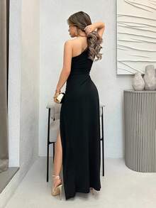Jemour Robe longue pour femmes, monochrome, à décolleté asymétrique ajouré, fente sur le côté, sans manches, sexy, pour l'été - Noir - Voir 2