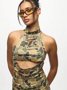 SUMWON WOMEN Camouflage Print High Neck Tank Top With Slash Details Unique Cutout Design Ruched Halter Style Sleeveless Blouse Fashion Statement Piece For Festival Season - Army Green - View 6