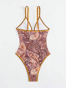 Swim Vcay Traje de baño de una pieza con estampado aleatorio, escote halter y espalda descubierta, que estiliza la figura, para vacaciones de verano en la playa - Multicolor - Ver 6