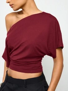 AiiRZ Off Shoulder Dolman Sleeve Fitted Waist Crop Top Stretch Knit Asymmetric Neckline Casual Evening Party Fall Fashion Statement,Off The Shoulder Top