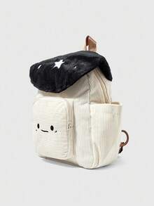 ROMWE Kawaii حقيبة ظهر عصرية كاجوال مزينة بتصميم لوني مرقع وتطريز نجمي وفطر - الأسود - مشاهدة 5