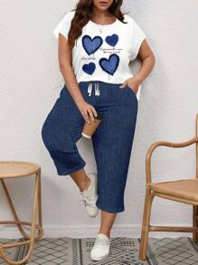 EMERY ROSE 2 pezzi set casual e minimalista con stampa di cuori blu nautico, adatto per vacanze estive in taglie forti