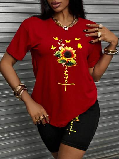 INAWLY 女款向日葵印花短袖t恤和騎行短褲套裝