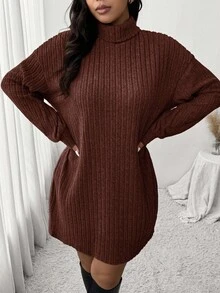SHEIN Frenchy Casual Minimalist Turtleneck Ribbed Brushed Dress, Plus Size, Suitable For Leisure And Home, Autumn/Winter,Fall Clothes For Women - Coffee Brown - View 4