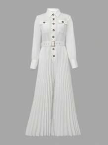 INAWLY 女式白色领扣装饰长袖褶腰连体裤 - 白色 - 查看 3