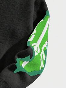 ROMWE MEN Street Life 男士圆领落肩长袖创意骷髅图案提花休闲套头毛衣，秋冬，垃圾摇滚风格 - 綠色 - 查看 4