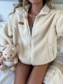 SHEIN Kurtka dla nastolatek, dwustronna, polarowa, w jednolitym kolorze, ze stójką, zapinana na zamek błyskawiczny, z kieszeniami, długimi rękawami, swobodna, odpowiednia na jesień i zimę, na powrót do szkoły, dla czystych dziewcząt, swobodna, sportowa kurtka uniwersytecka