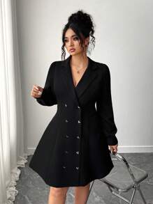Elenzga 大码女式优雅长袖双排扣西装领连衣裙 - 黑色 - 查看 6
