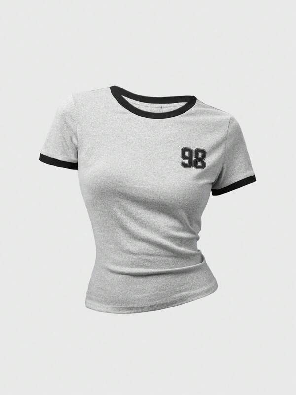 SHEIN Girlism Teen Girls Round Neck Short Sleeve Gentle Sweet Fashion Contrast Color Numeric & Letter Print Slim Fit T-Shirt, Casual, Sporty, Street, School, Back To School Women Cropped Baby Tee Women Ringer Tee Cropped Tee Baby Tee Teen Girl Cropped Tee Women Graphic Tee Top Keywords Women Basic Tee