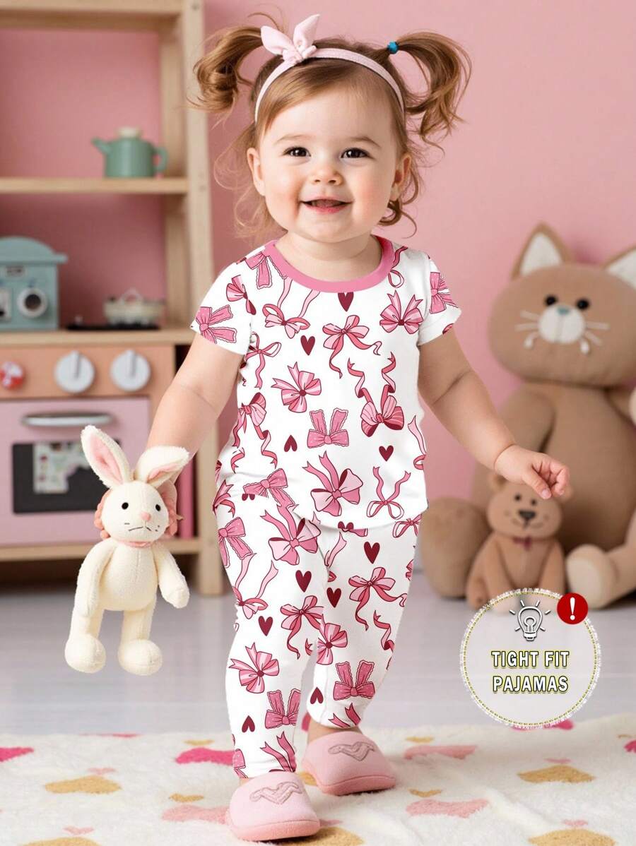 SHEIN Happikins Baby Girl Casual Minimalist Butterfly & Heart Printed Snug Fit Crew Neck Short Sleeve Top & Pants Homewear Set, Suitable For Summer