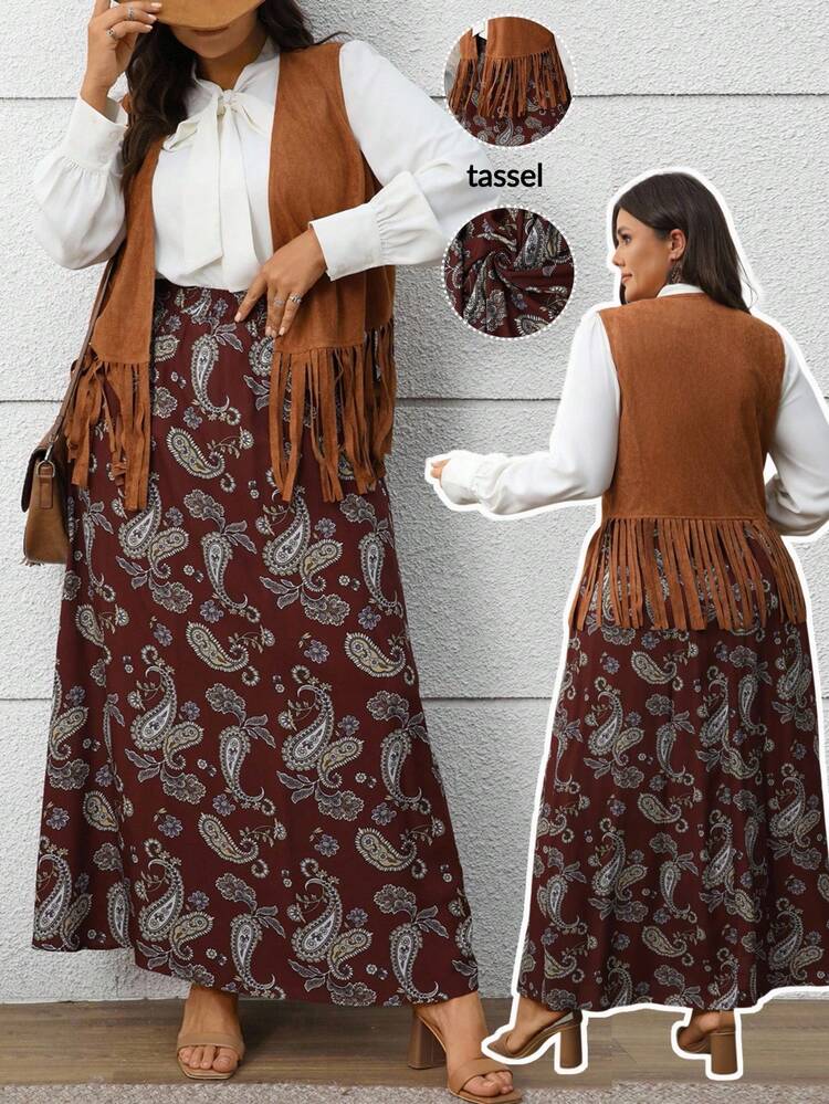 Conjunto de 2 piezas de talla grande con chaleco casual de vacaciones con dobladillo con flecos y falda con estampado de flores de anacardo