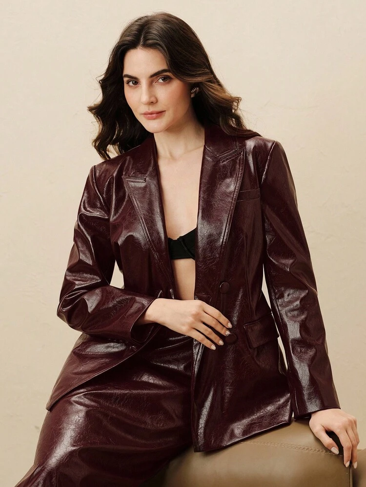 バーガンディ クラックレザー スリムフィット ファッショナブル フォーマルブレザー 秋冬