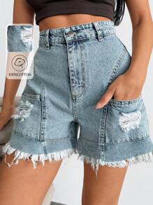 EURMUSE Woman High Waist Summer Frayed Short - Light Wash - View 1