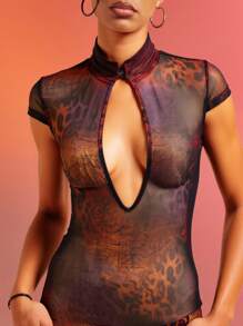 Hauture Abstract Floral Animal Print Lace Mesh Dress - Multicolor - View 5