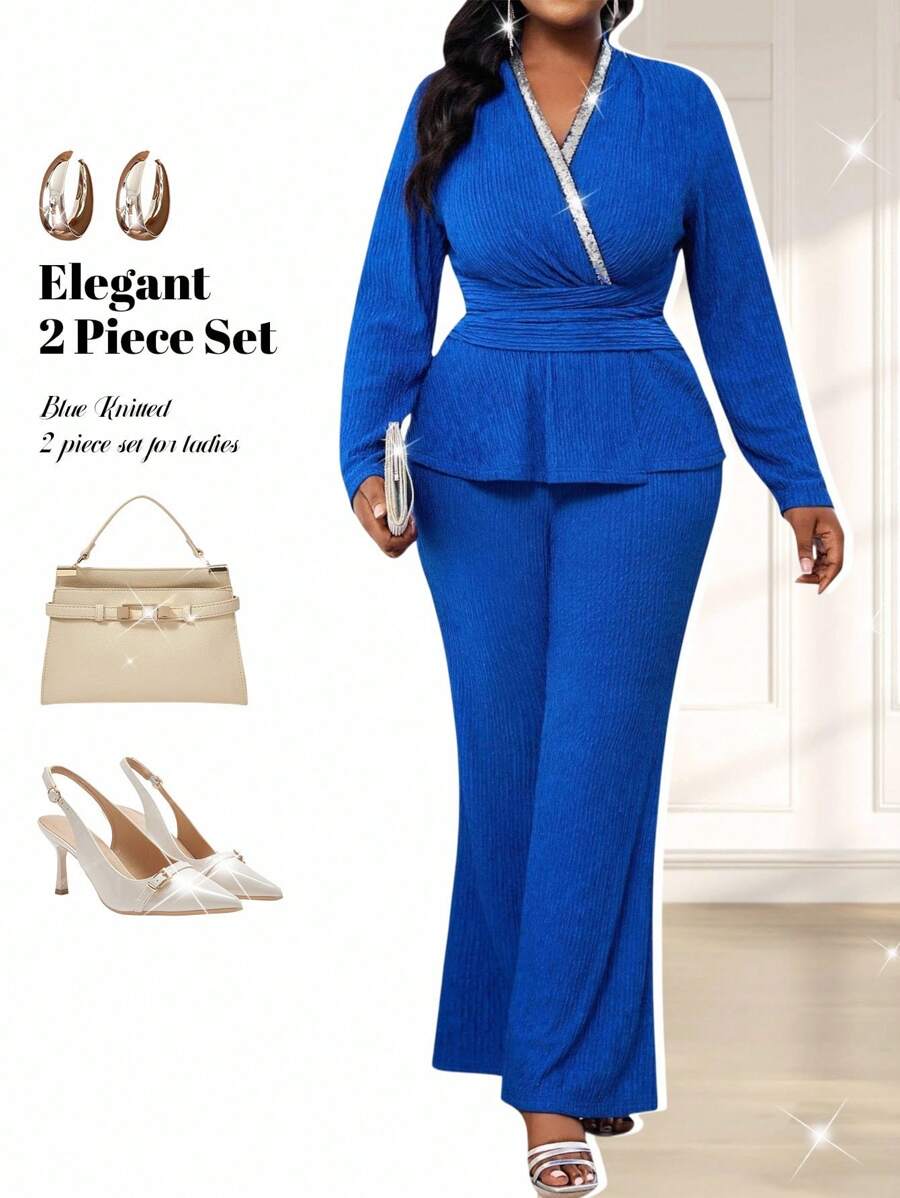 Fleurora Plus Size Two Pieces Trousers Set,Elegant Royal Blue Autumn Formal Beach Vacation Outfits,Women Business Casual Prom Dress,Church Teacher Outfits - Blue - View 1