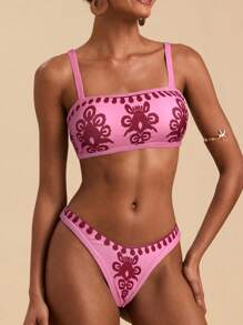 Travachic Damen Sommer Strand Blumen Muster Sexy Bikini Badeanzug Set, Rosa Bikini Set Zwei Teile Badeanzug, Bademode für Damen, Rosa Bescheidener Bikini Set 2 Teile Badeanzug - Heißes Pink - Übersicht 5