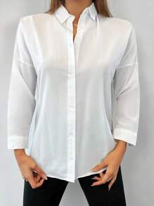 Cottnline 女士休闲纯棉落肩衬衫 - 白色 - 查看 3