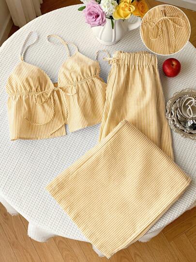 Comfortcana 2 piezas Conjunto casual de vacaciones para mujer con rayas amarillas tejidas