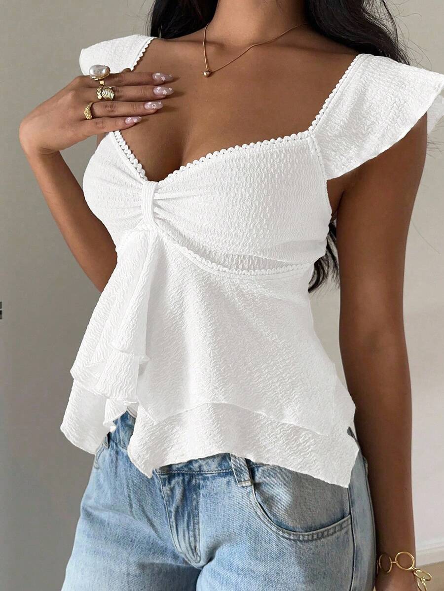 SHEIN EZwear 女士纹理针织荷叶边下摆甜心领泡泡袖优雅T恤，锐舞上衣