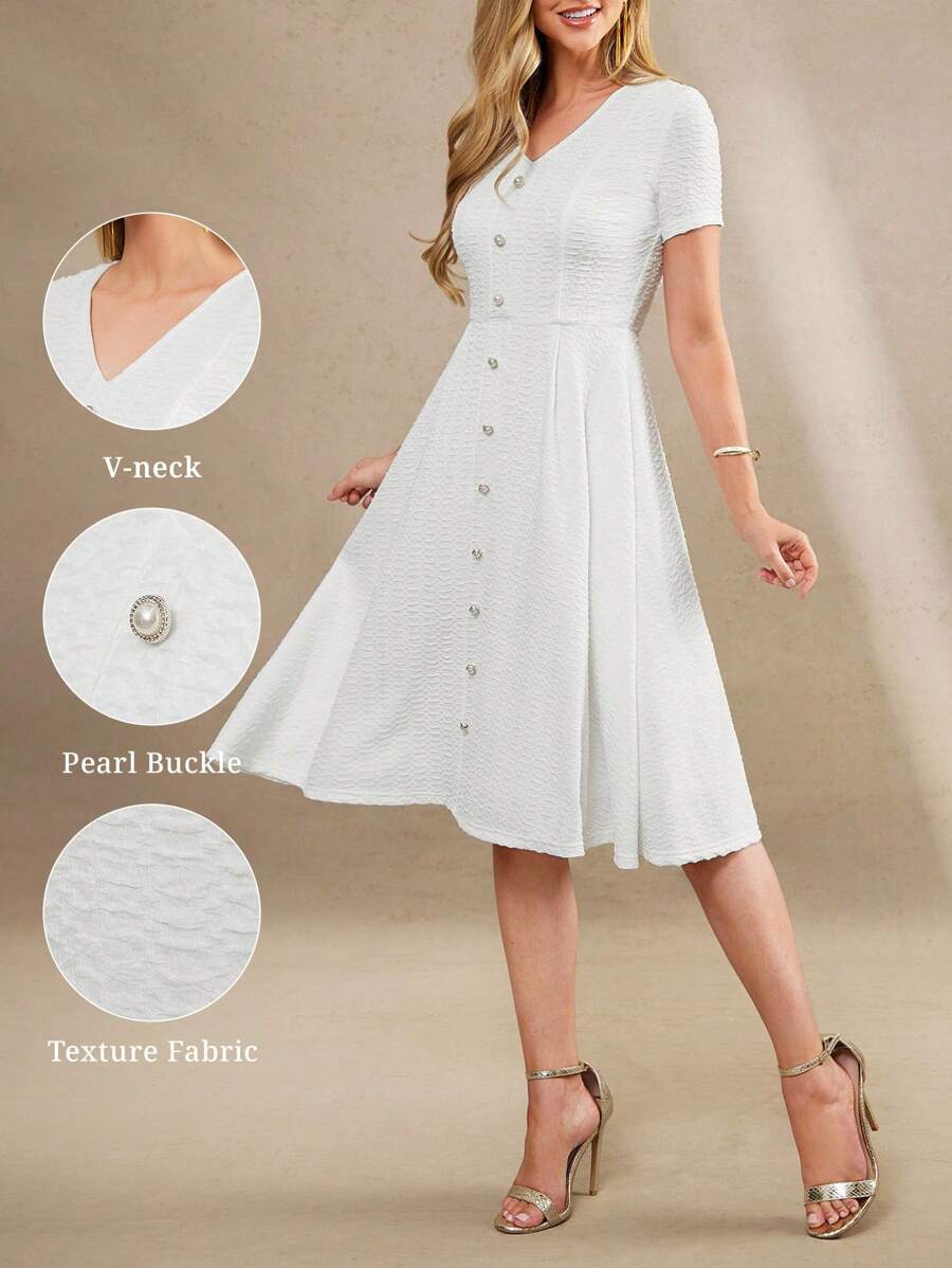 Amorya V 领珍珠纽扣纹理面料收腰女式连衣裙，适合春秋夏季校服女士办公室服装教师服装女士夏季连衣裙婚礼宾客服装女士度假服装女士生日服装