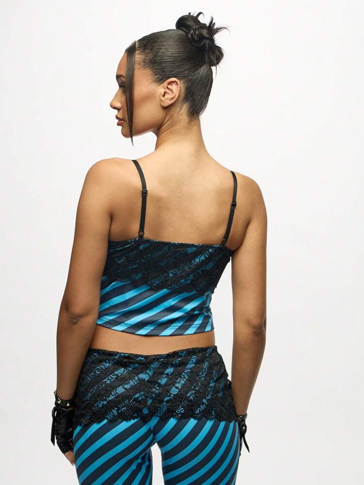 SUMWON WOMEN Lace Trim Diagonal Striped Cami Top With Bustier Style